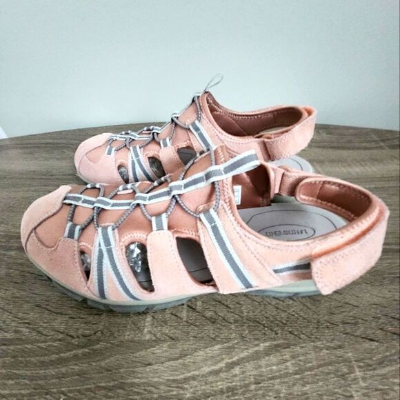 Lands End Women's Size 11B Sport Sandals Pink Suede Gray Hook & Loop Closed Toe - Picture 2 of 3